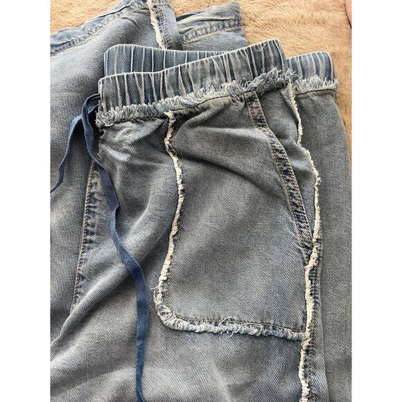 Tractr Womens Indigo-Dyed Wide-Leg Denim Pants With Drawstring Waist & Frayed Po - Picture 8 of 8